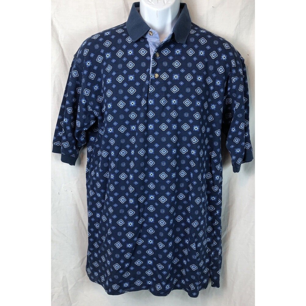 John Ashford polo shirt M blue Geo 3 button neck short sleeve Preppy Golf Sporty